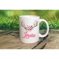 personalised coffee mug- custom name mug- personalised mug- deer antlers mug- floral mug- mug for her- coffee mug- perso