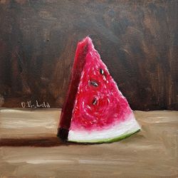 Original Oil Painting Watermelon Painting Still Life Artwork 8x8 Kitchen Wall Art