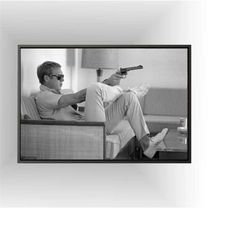 steve mcqueen aiming a pistol revolver print canvas wall art | steve mcqueen canvas wall art | steve mcqueen portrait ca