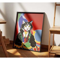 cat drinking coffee poster - colorful minimalist giclee