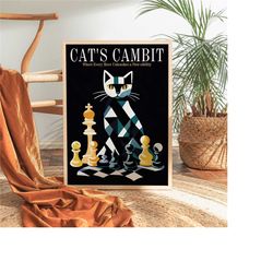 cat's gambit poster | quirky chess wall art print | chess player gift game room decor, bar room decor, mancave graphic p