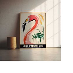 loro parque zoo poster - flamingo wall art - home decor, wall hanging, gift for kids, nursery art, wildlife illustration