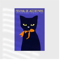 festival de jazz de paris poster - cat art music festival giclee reproduction - retro vintage poster, musician entryway