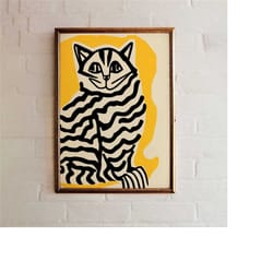 expressionist cat poster - giclee art print - mid century modern home wall decor, cat lover gift contemporary retro styl