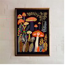 folk mushrooms poster - fall decor - retro fantasy mood, fall mushroom art, funky weirdcore house - colorful giclee art