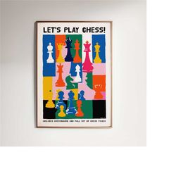 1987 chess poster - london vintage advertising, let's play chess wall art print, player gift game room decor, mid centur
