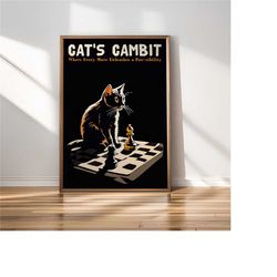 cat's gambit poster - cute chess artwork - wall art prints, bar room decor - mancave graphic | chess player gift game ro