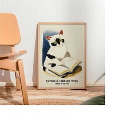 national library week poster - cat giclee linocut art print vintage books quote, unique gift idea for book lover avid re