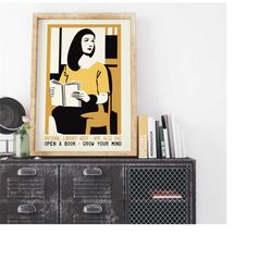 open a book - grow your mind poster, vintage wall art, vintage poster, book lover poster, reading poster, library decor,