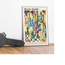 mid century modern queen's gambit chess art print, chess physical mailed wall art, vintage gallery art, mid century wall