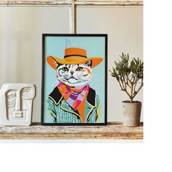 cowboy cat poster - retro country music wall art cowboy girl giclee reproduction wall art gift illustration, minimalist