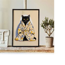 cute bathrobe cat poster: whimsical feline wall art for cat lovers | one-of-a-kind home decoration y2k apartment aesthet