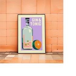 gin & tonic poster - retro gin cocktail illustration, barware artwork, quirky wall art print, purple minimalist affiche,
