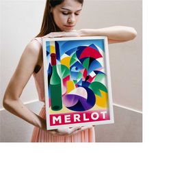 merlot wine poster - vintage beverage, merlon wine print, classic advertising print, alcohol liquor ad, art deco nouveau
