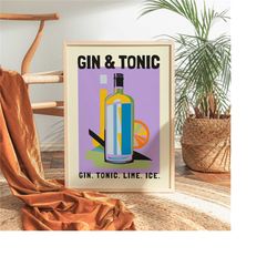 gin & tonic poster - purple minimalist affiche, giclee beverage art, retro gin cocktail illustration, barware artwork, q
