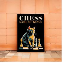 chess - game of kings poster | quirky cat wall art prints, player gift game room decor, bar decor - mancave monochrome d
