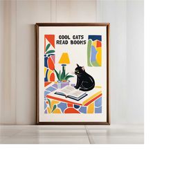 cute 'cool cats read books' poster - retro graphics art, library poster, home decor, unframed, books, minimalist art, bo