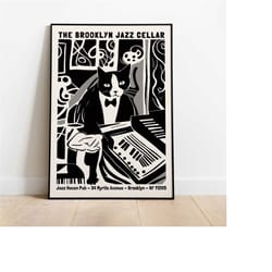 brooklyn jazz cellar poster - music club - black and white cat wall art, mid century modern, jazz musicians, over the be
