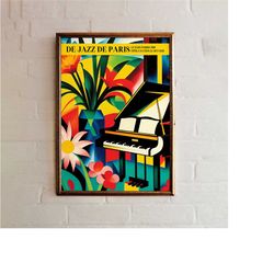 paris jazz festival poster - music festival art print giclee reproduction, retro advertising wall art - grand piano - ex