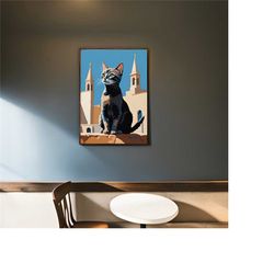 italian village cat poster - cute art print - kitten quirky boho decor, artistic kitty, quirky wall art prints, farmhous