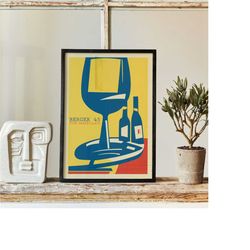 french wine poster - berger 45 wine advertising print, minimalist alcohol print, yellow bar decor, aesthetic print, cock