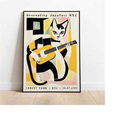groovecity jazzfest poster - retro festival wall art cat playing guitar music concert giclee print reproduction advertis