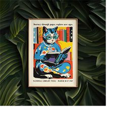 1987 national library week poster - colorful cat books lover - gift idea mid century modern, mailed poster, 24x36 poster