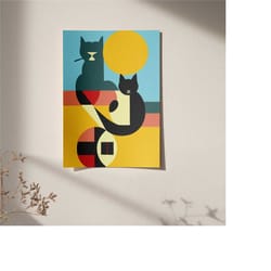 bauhaus cats poster - giclee art print - mid century modern home wall decor, cat lover gift contemporary geometric retro