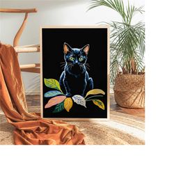 boho cute cat wall art | artistic floral kitty illustration | maximal decor, bohemian kitten, quirky wall art prints, le
