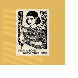 open a book - grow your mind poster, vintage poster, book lover poster, reading poster, library decor, girl love reading