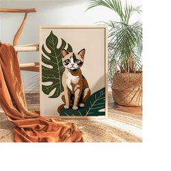 cat and monstera leaves print | cute boho wall art | contemporary posters, quirky home decor, farmhouse decor, maximalis