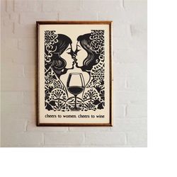 wine kiss poster - feminist print, alcohol wall art, kissing women decor, bar cart, lesbian empowerment, black and white