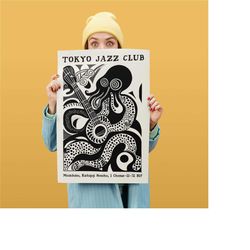 tokyo jazz club poster - black and white - ink drawing, grand piano, giclee reproduction, large mailed wall art octopus