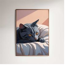 grey kitten sleeping poster | cute quirky prints, adorable kitty wall decor, cat nap illustration, vintage poster, decor