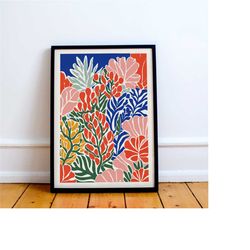 abstract colorful botanical poster, eclectic wall art, red pink blue boho floral prints, contemporary art, modern print,