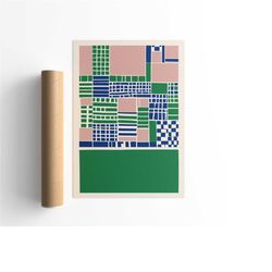 mid century modern poster, abstract prints, modern composition, green pink blue, retro style, 60s, geometric art, poster