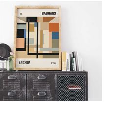 bauhaus archiv poster, mid century modern wall decor, geometric prints, retro wall art, earth colors, above desk, mancav