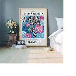 italian riviera poster, la riviera print, botanic wall art, blue and pink trendy wall decor, underwater plants, marine l