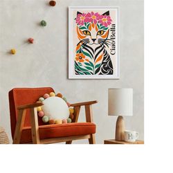 ciao bella cat poster, italian quote wall art, cute cat portrait, retro art print, cat poster, girly art print, italian