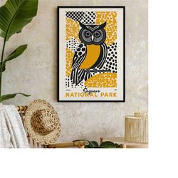 saguaro national park poster, vintage travel posters, owl illustration, yellow and black poster, nature lover gift, nati