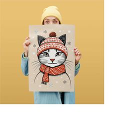 winter cat wall art, cute cat print, funny wall art, nursery room decor, kids wall art, pet christmas decor winter, holi