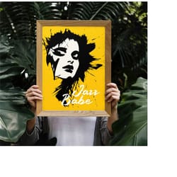 jazz babe woman poster, music giclee reproduction, retro vintage jazz wall art, black ink fashion poster, yellow mailed