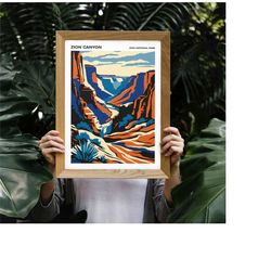 zion canyon travel poster, zion national park wall art, landscape print, mountains poster, retro travel art, american re