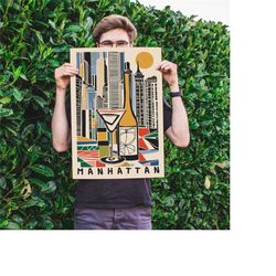 vintage travel poster, manhattan lovers gift, home bar decor, kitchen wall art, retro nyc poster, physical prints, nyc p