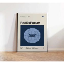 memphis grizzlies poster, fedexforum stadium print, mid century
