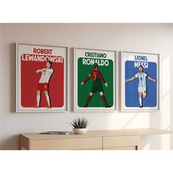 printable lewandowski ronaldo messi posters set, hand-drawn soccer