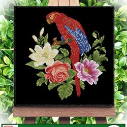 Cross stitch pattern Parrot and lilies. Vintage embroidery pattern.