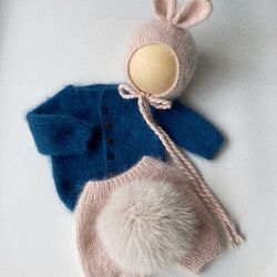 Knitted angora bunny set for newborn photography.Knitted Newborn photo props