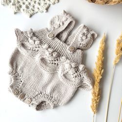 Hand knitted romper for baby girl. Knitted Newborn photo props