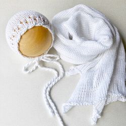 Cotton wrap cotton bonnet. Knitted Newborn photo props.